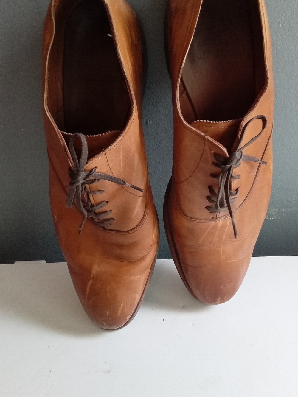 Mens Tan Leather Oxford Dress Shoes Lace Up Cap Toe Cognac Brown